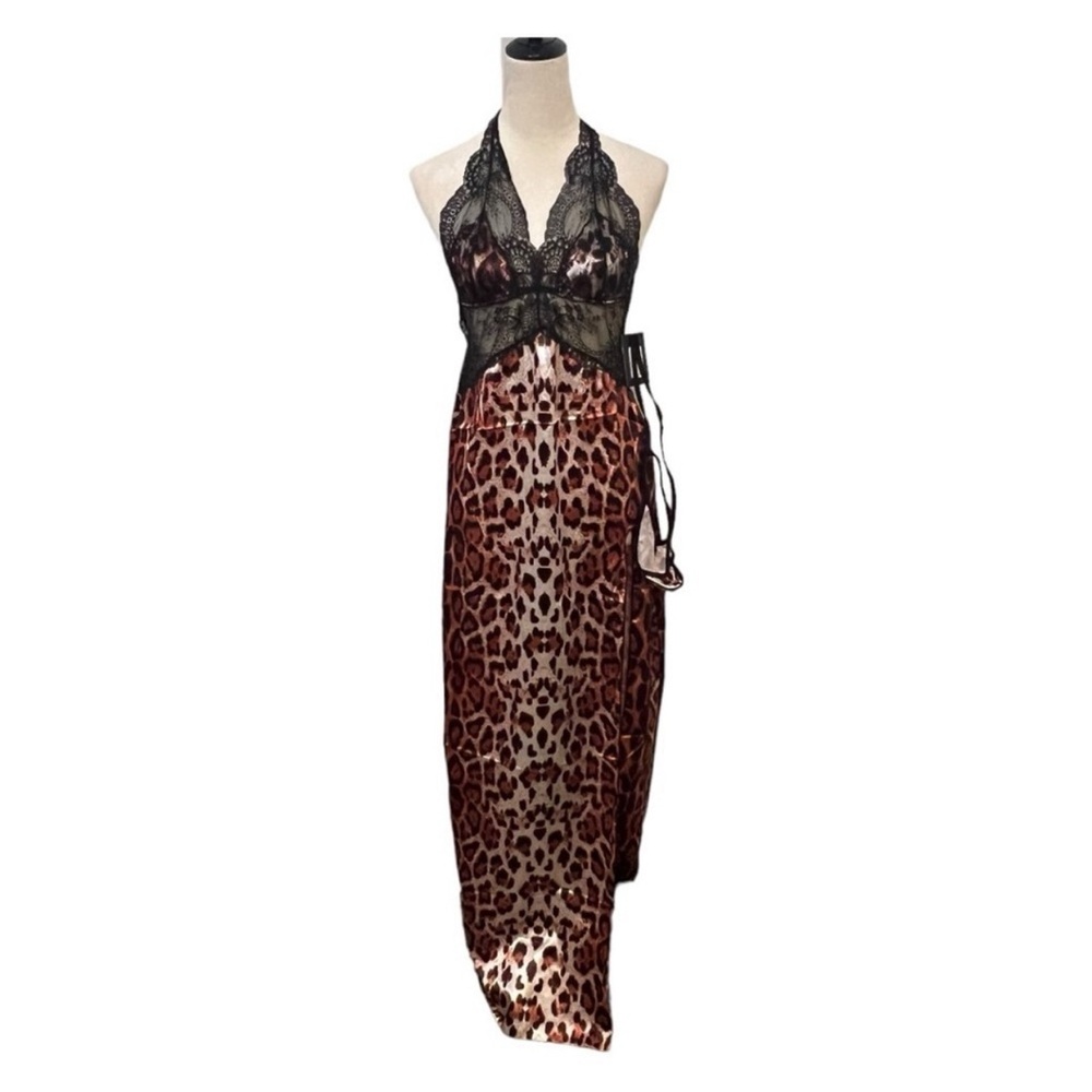 Frederick's of Hollywood Rosalina Rose Leopard lace Satin Gown with panties
